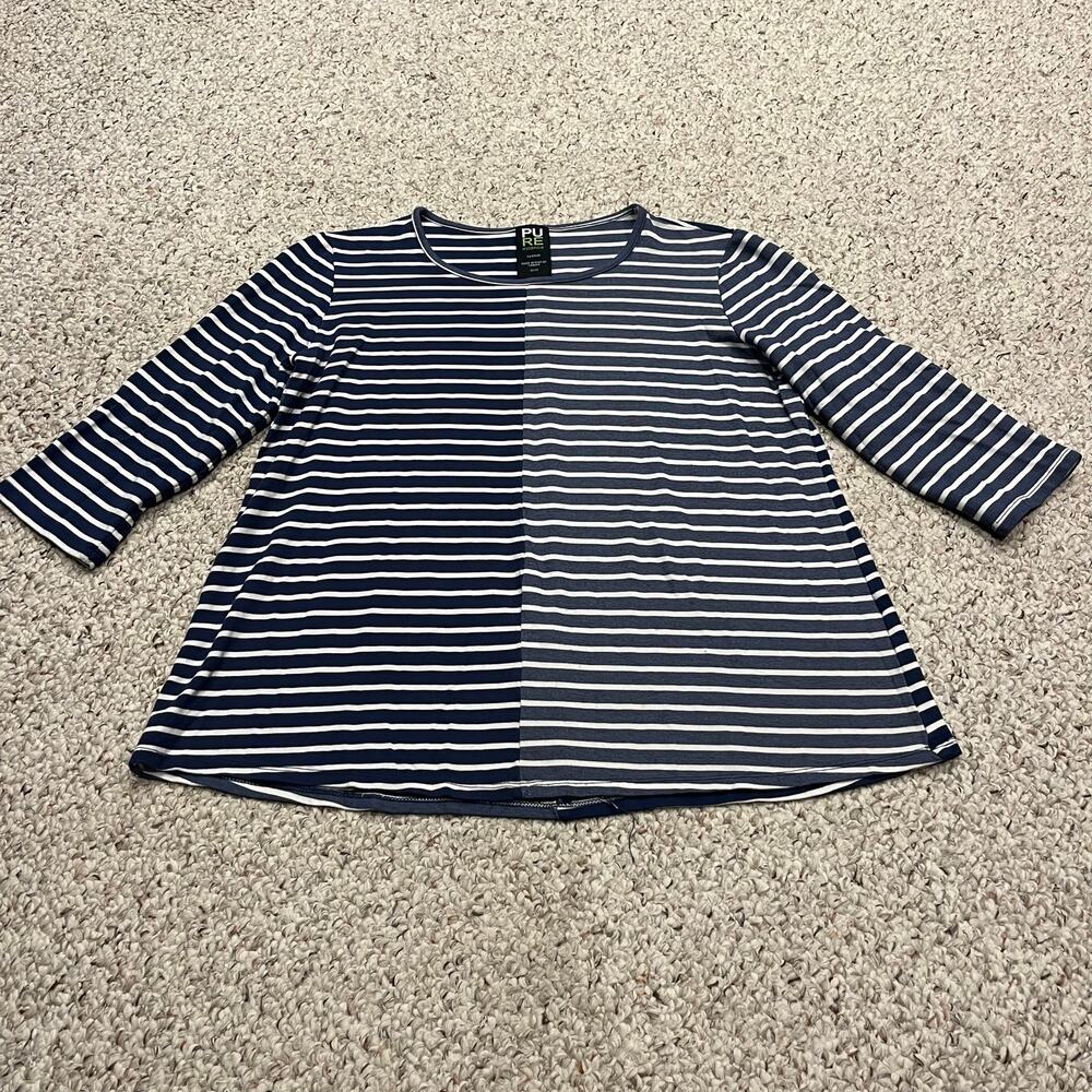 Pure Essence Striped Knit Top M Rayon Blend Coastal Normcore Casual 3/4 Sleeve